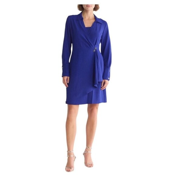 DKNY Womens Blue Collared Ruched V Neck Long Sleeve Shirt Dress Sz 12 New - Picture 1 of 10